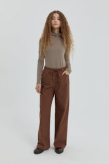 Gabardin Beli Lastikli Bol Paça Pantolon - Kahve