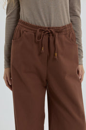Gabardin Beli Lastikli Bol Paça Pantolon - Kahve