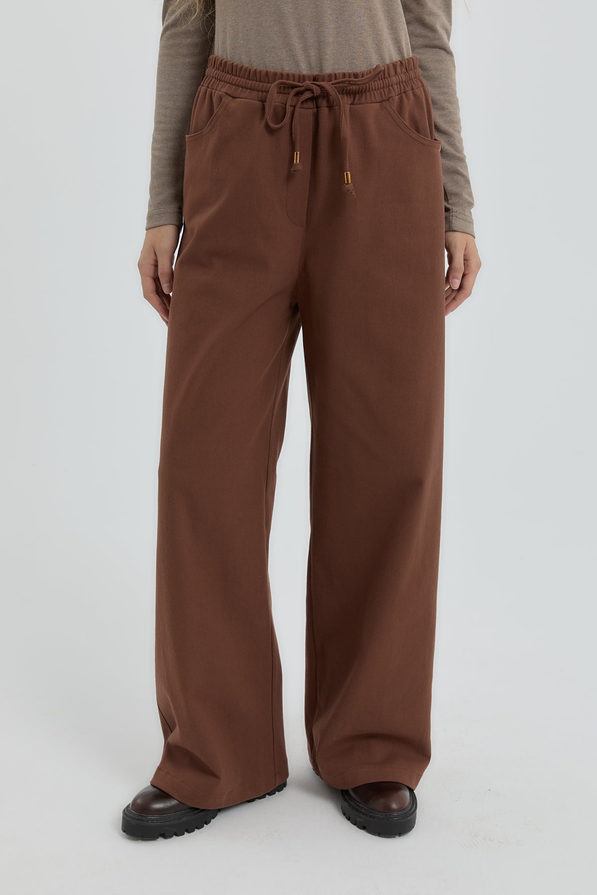 Gabardin Beli Lastikli Bol Paça Pantolon - Kahve