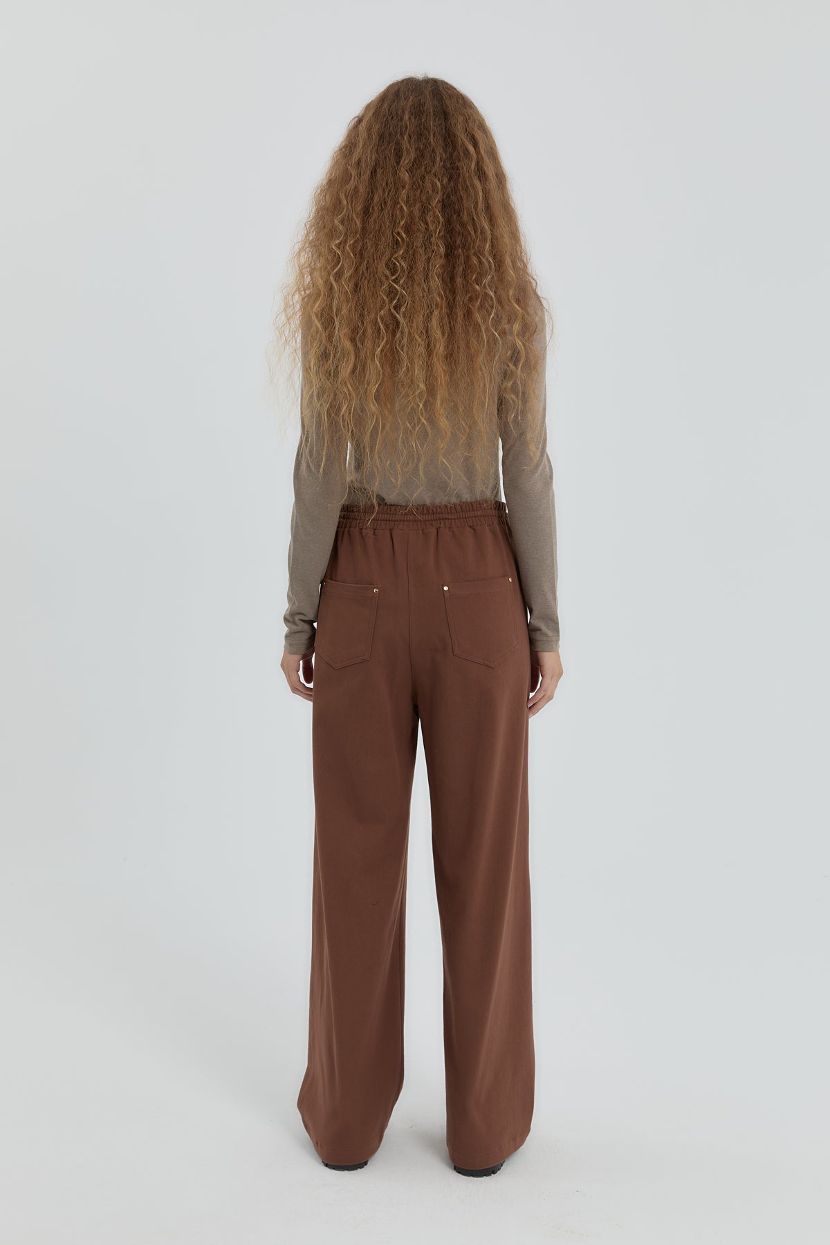Gabardin Beli Lastikli Bol Paça Pantolon - Kahve