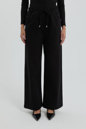 Gabardine Wide Leg Trousers with Elastic Waistband - Black