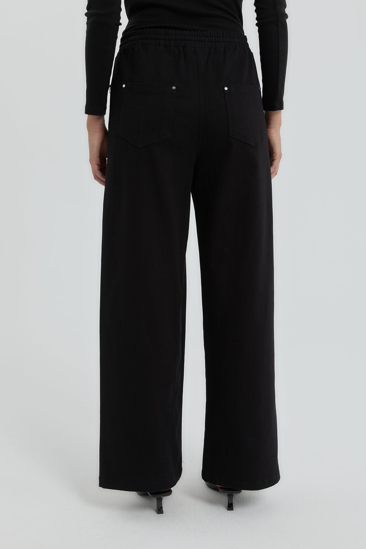 Gabardine Wide Leg Trousers with Elastic Waistband - Black