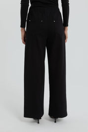 Gabardine Wide Leg Trousers with Elastic Waistband - Black