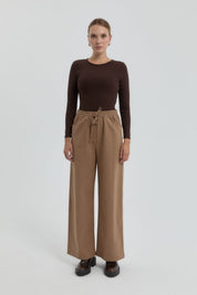 Gabardin Beli Lastikli Bol Paça Pantolon - Vizon