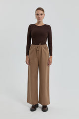 Gabardin Beli Lastikli Bol Paça Pantolon - Vizon