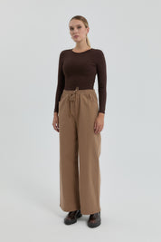 Gabardin Beli Lastikli Bol Paça Pantolon - Vizon