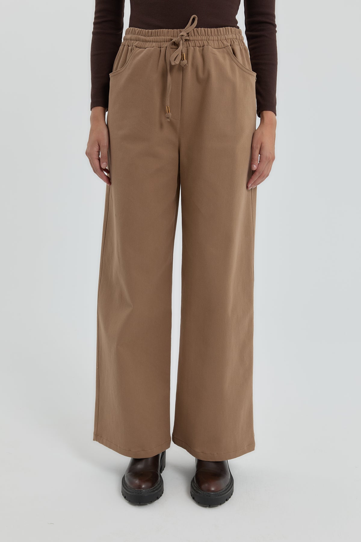 Gabardin Beli Lastikli Bol Paça Pantolon - Vizon