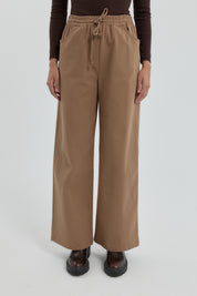 Gabardin Beli Lastikli Bol Paça Pantolon - Vizon