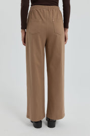 Gabardin Beli Lastikli Bol Paça Pantolon - Vizon