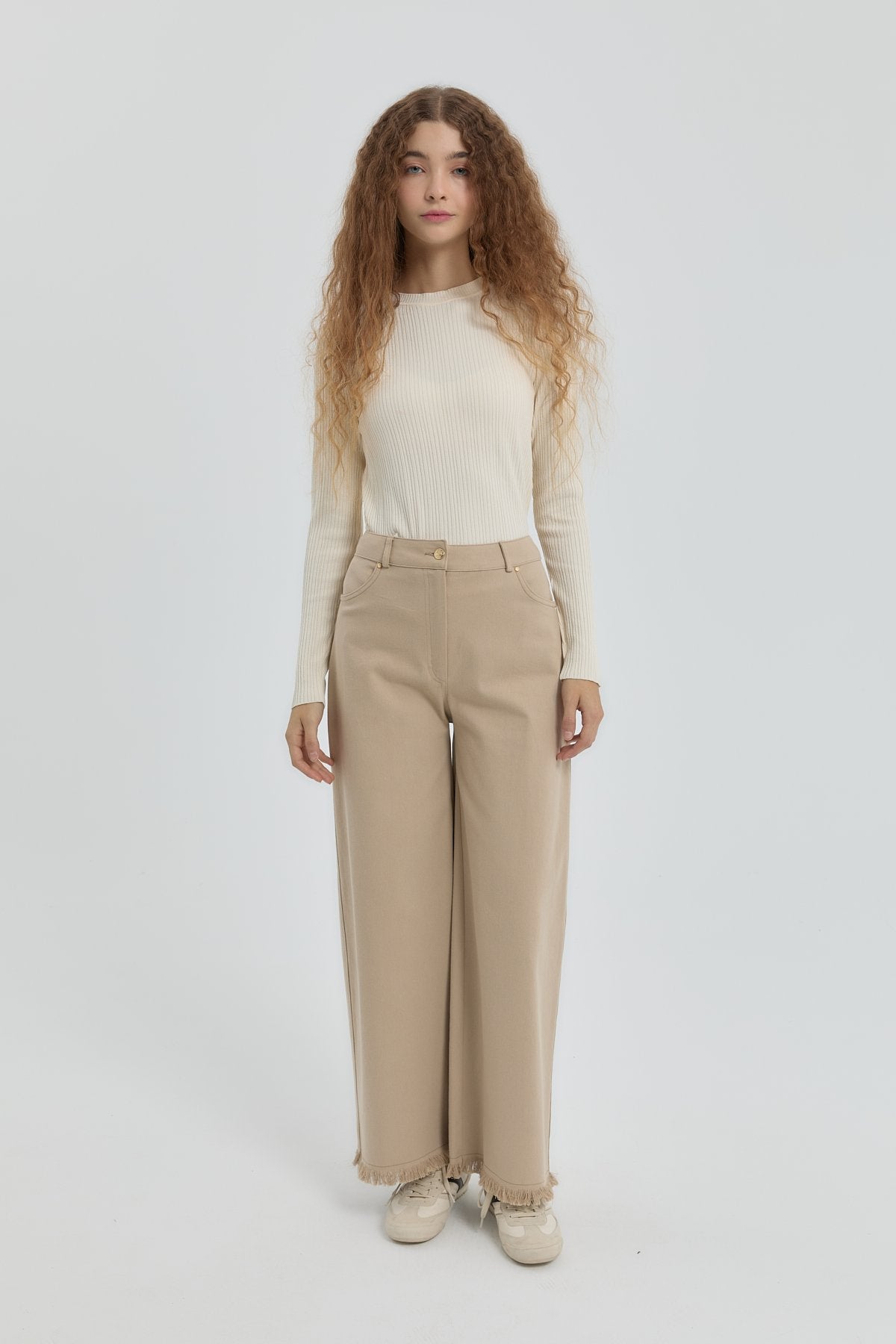 Gabardin Bol Paça Pantolon - Bej