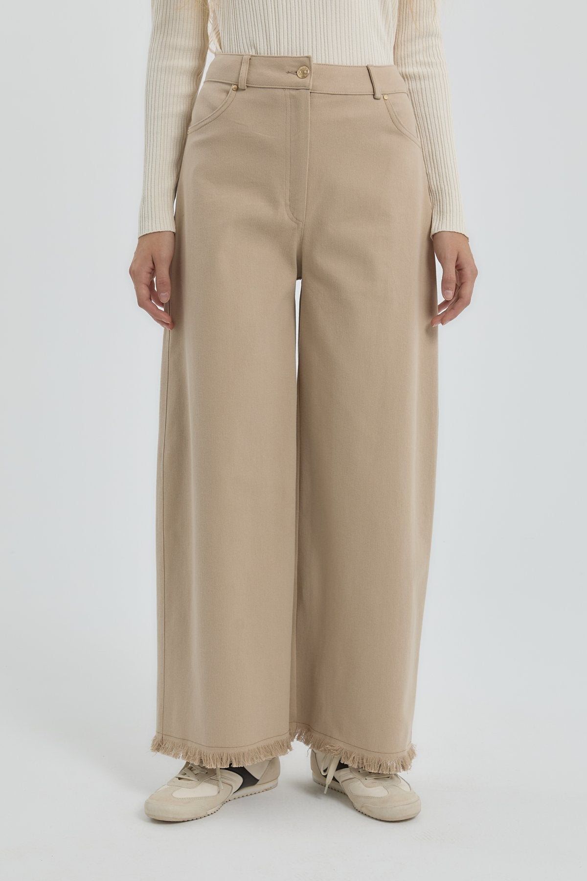 Gabardin Bol Paça Pantolon - Bej
