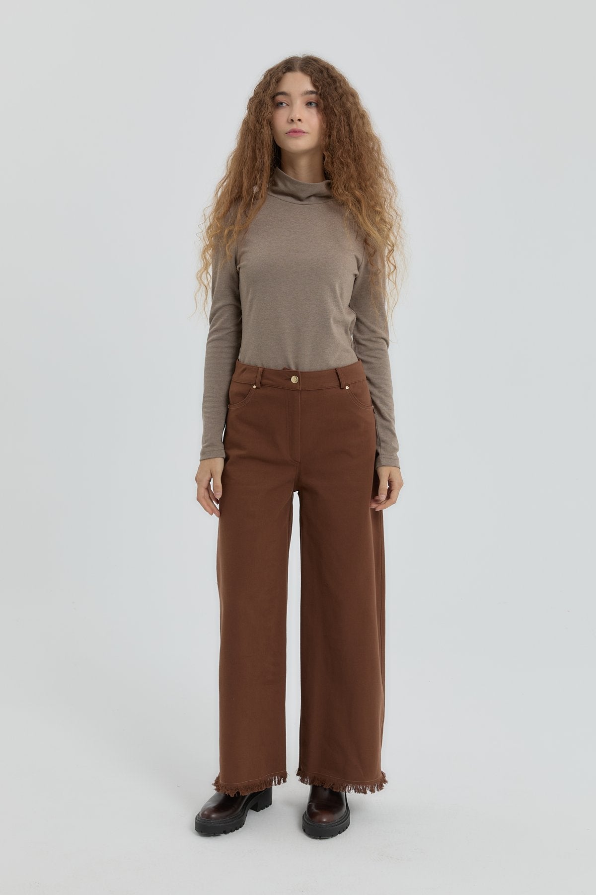 Gabardin Bol Paça Pantolon - Kahve