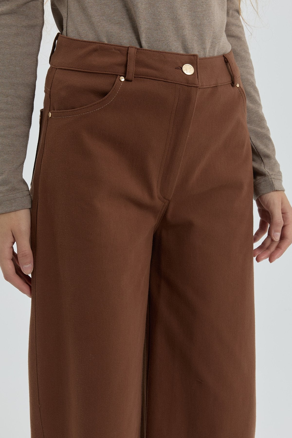Gabardin Bol Paça Pantolon - Kahve