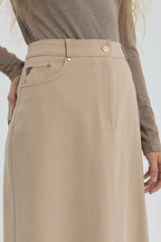 Gabardin Nakış Detaylı Etek - Bej