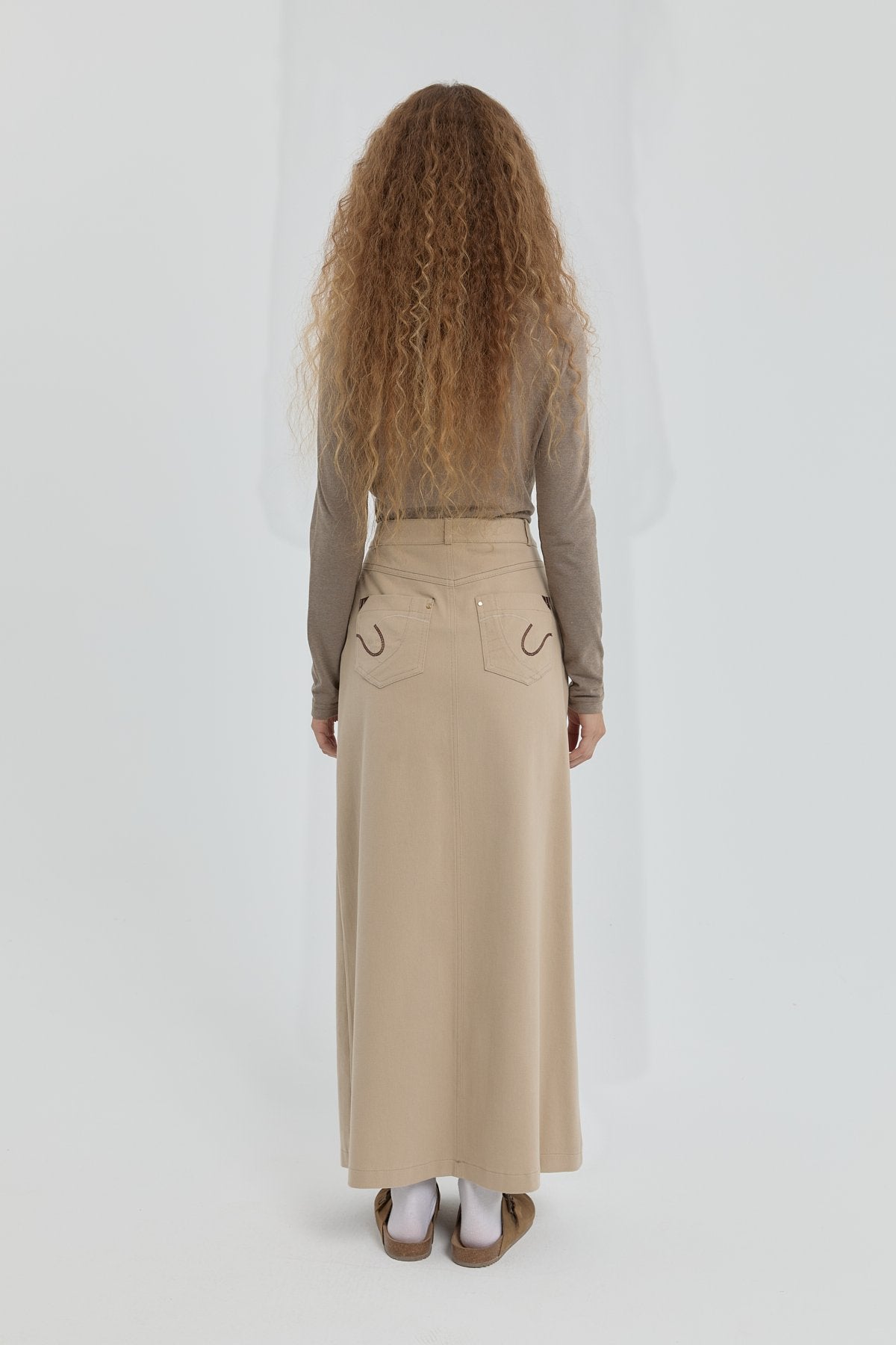 Gabardin Nakış Detaylı Etek - Bej