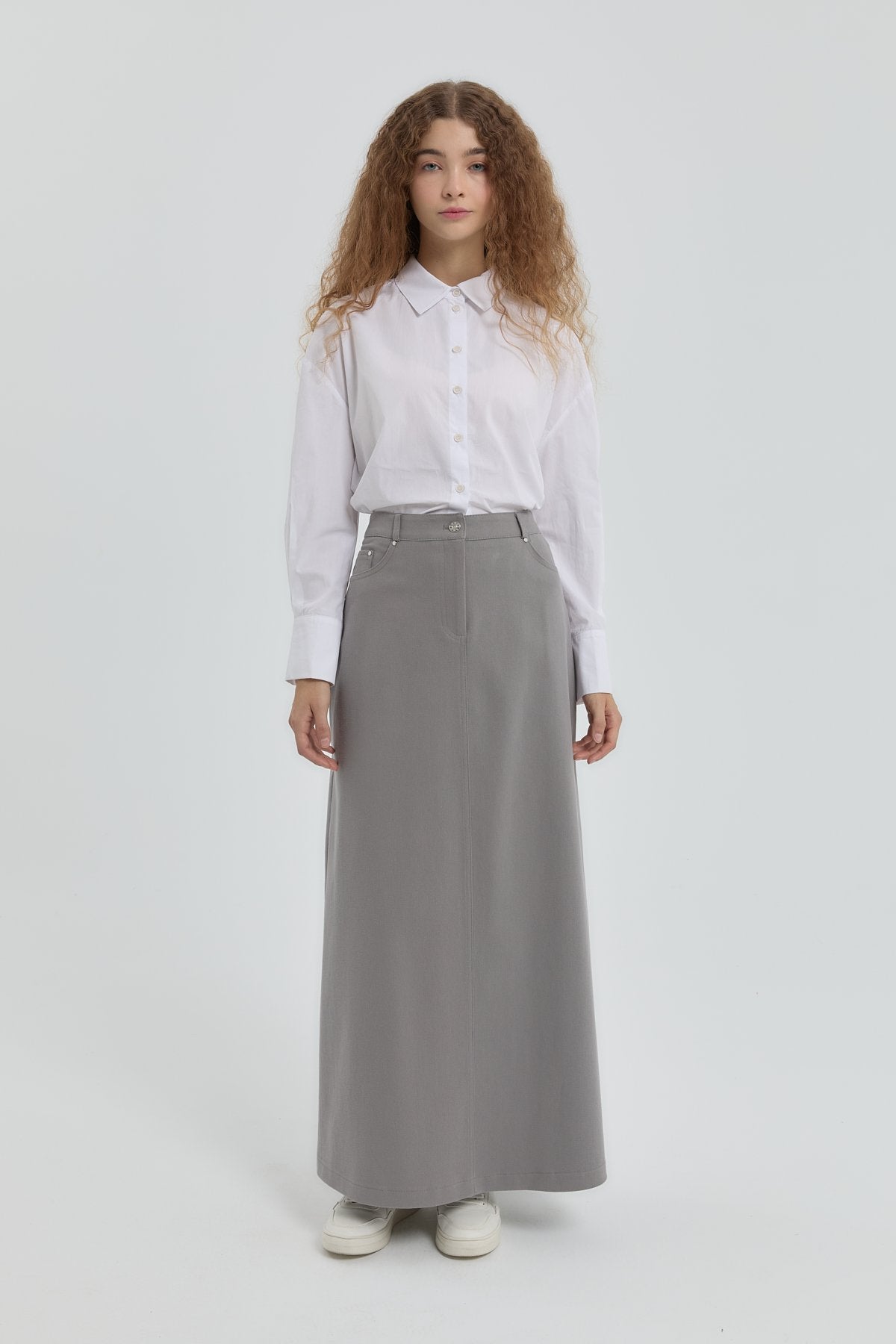 Gabardin Nakış Detaylı Etek - Gri