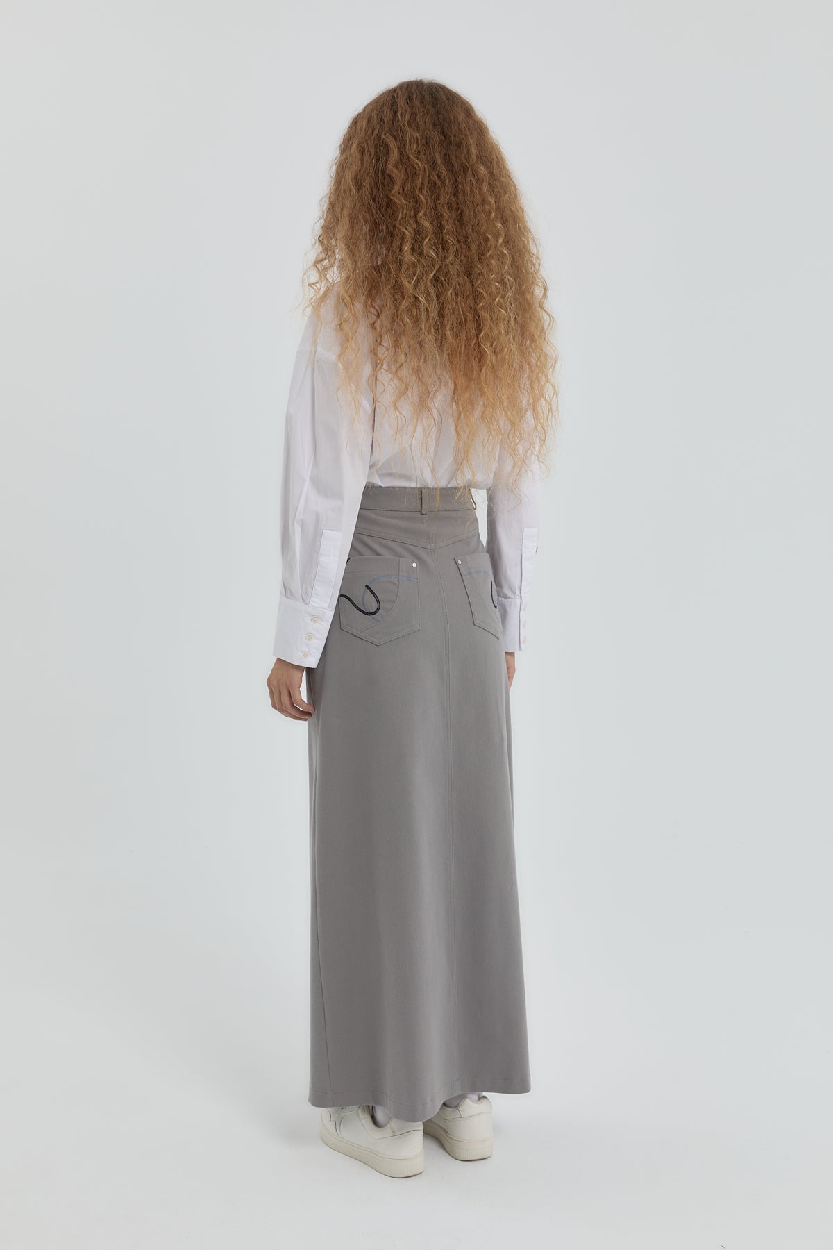 Gabardin Nakış Detaylı Etek - Gri