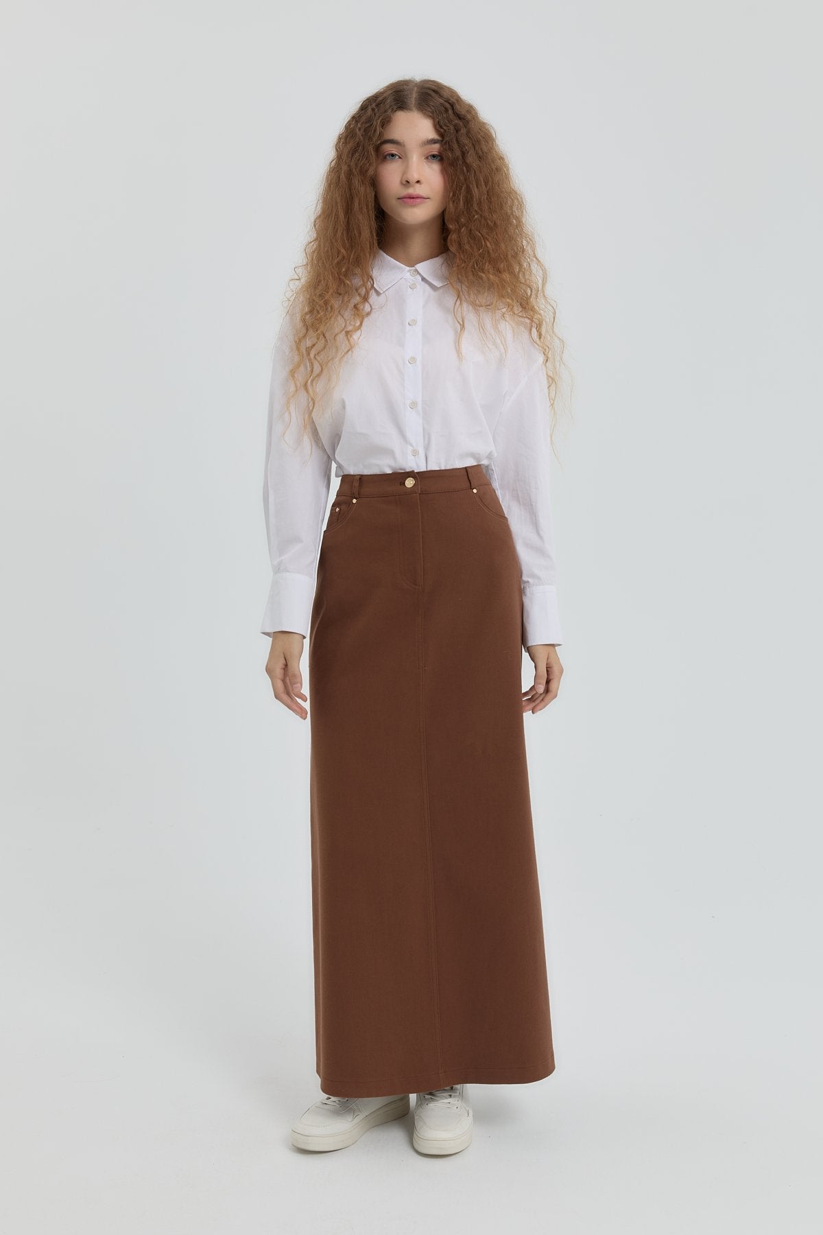 Gabardin Nakış Detaylı Etek - Kahve