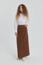 Gabardin Nakış Detaylı Etek - Kahve