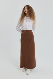 Gabardin Nakış Detaylı Etek - Kahve