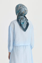Garden Whisper Twill İpek Eşarp - Mavi