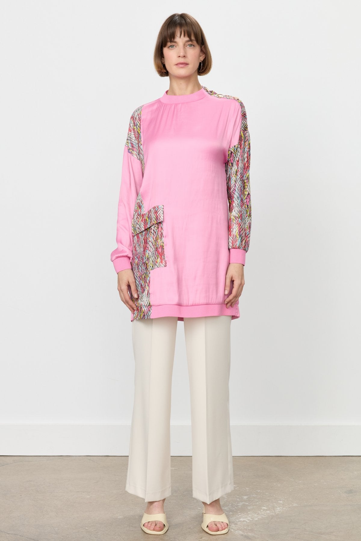 Garnili Cep Detaylı Tunik - Pembe
