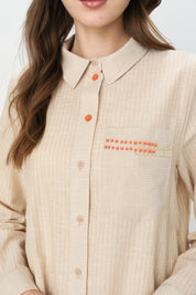 Trimmed Striped Shirt Collar Cotton Tunic - Beige