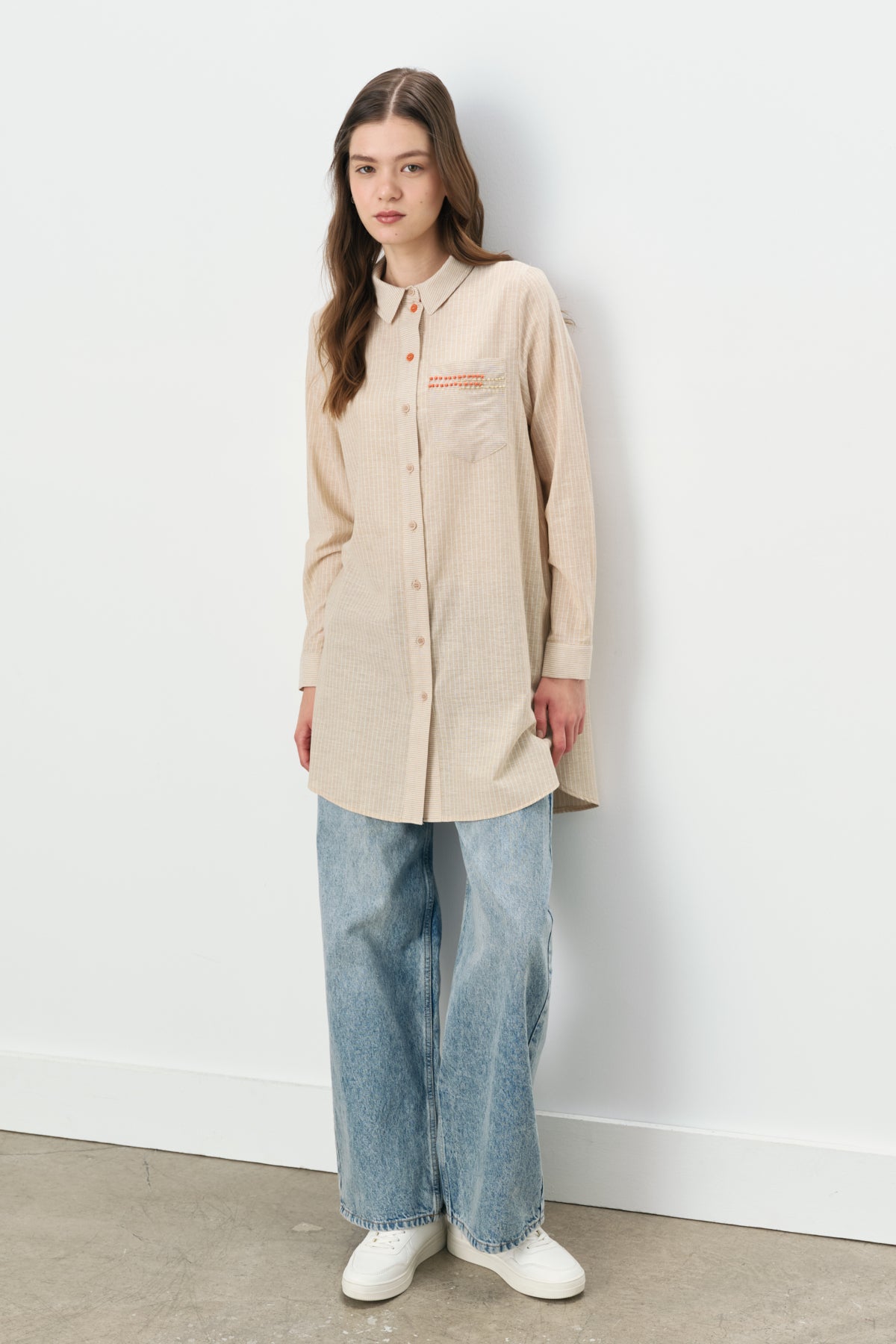 Trimmed Striped Shirt Collar Cotton Tunic - Beige