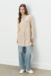 Trimmed Striped Shirt Collar Cotton Tunic - Beige
