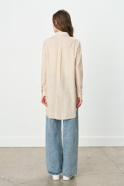 Trimmed Striped Shirt Collar Cotton Tunic - Beige