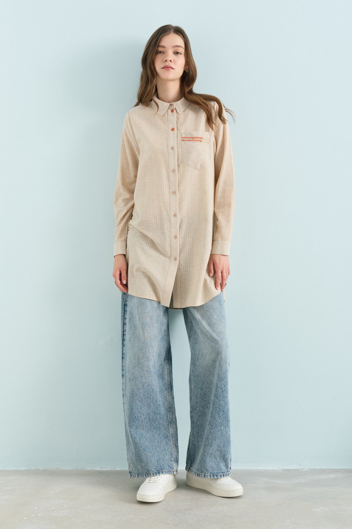 Trimmed Striped Shirt Collar Cotton Tunic - Beige