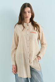 Trimmed Striped Shirt Collar Cotton Tunic - Beige