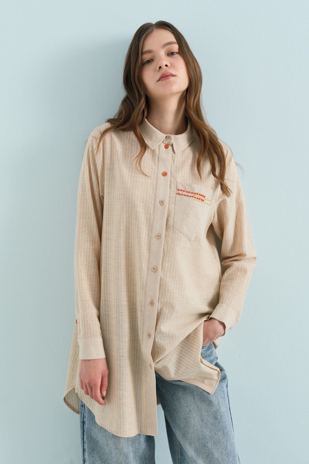 Trimmed Striped Shirt Collar Cotton Tunic - Beige
