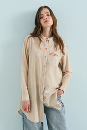 Trimmed Striped Shirt Collar Cotton Tunic - Beige