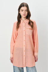 Striped Tunic with Trimmed Shirt Collar in Cotton - Orange