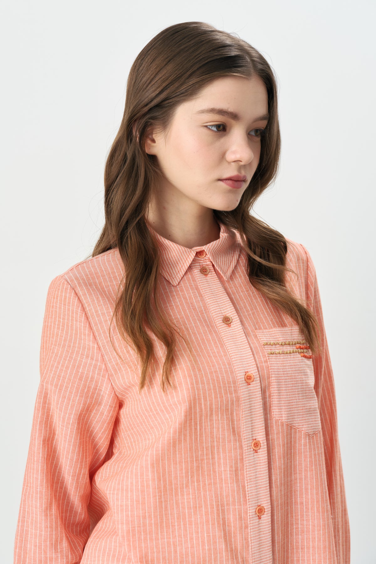 Striped Tunic with Trimmed Shirt Collar in Cotton - Orange