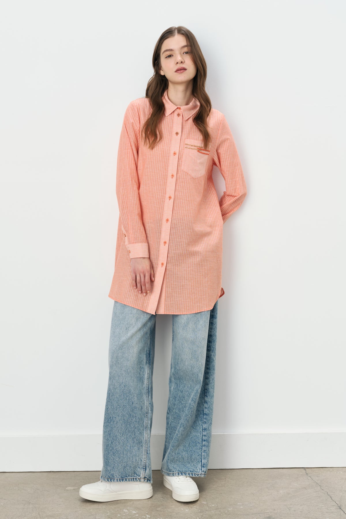 Striped Tunic with Trimmed Shirt Collar in Cotton - Orange