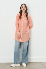Striped Tunic with Trimmed Shirt Collar in Cotton - Orange
