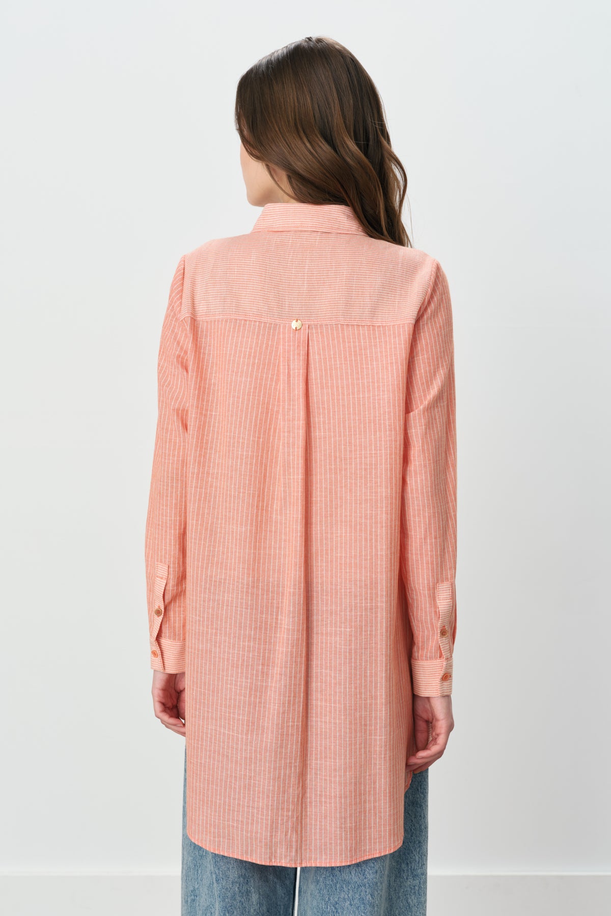 Striped Tunic with Trimmed Shirt Collar in Cotton - Orange