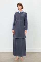 Trimmed Shirt Collar Knitted Tunic - Navy Blue