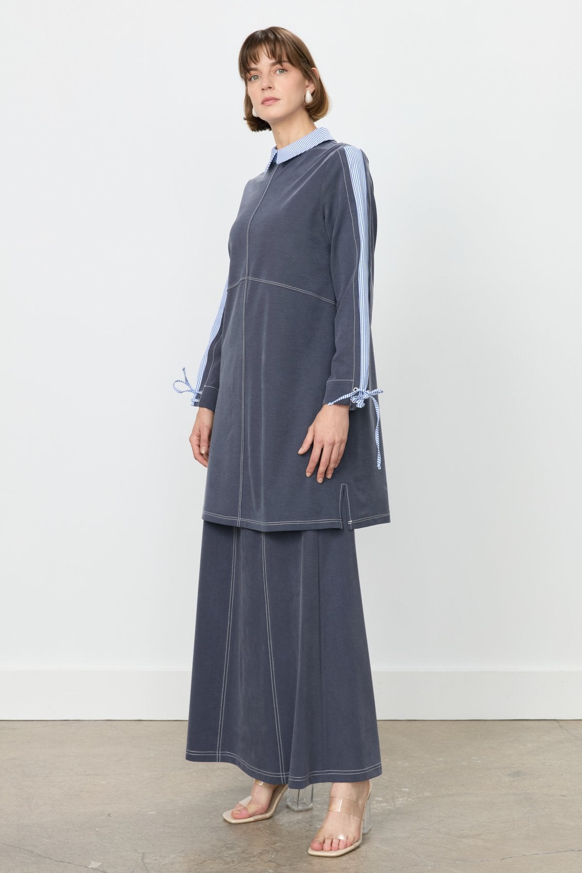 Trimmed Shirt Collar Knitted Tunic - Navy Blue