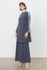 Trimmed Shirt Collar Knitted Tunic - Navy Blue