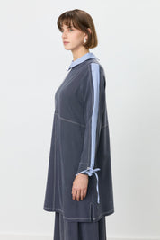 Trimmed Shirt Collar Knitted Tunic - Navy Blue