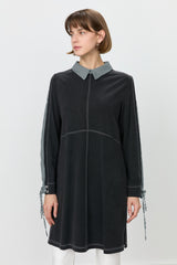 Trimmed Shirt Collar Knitted Tunic - Black