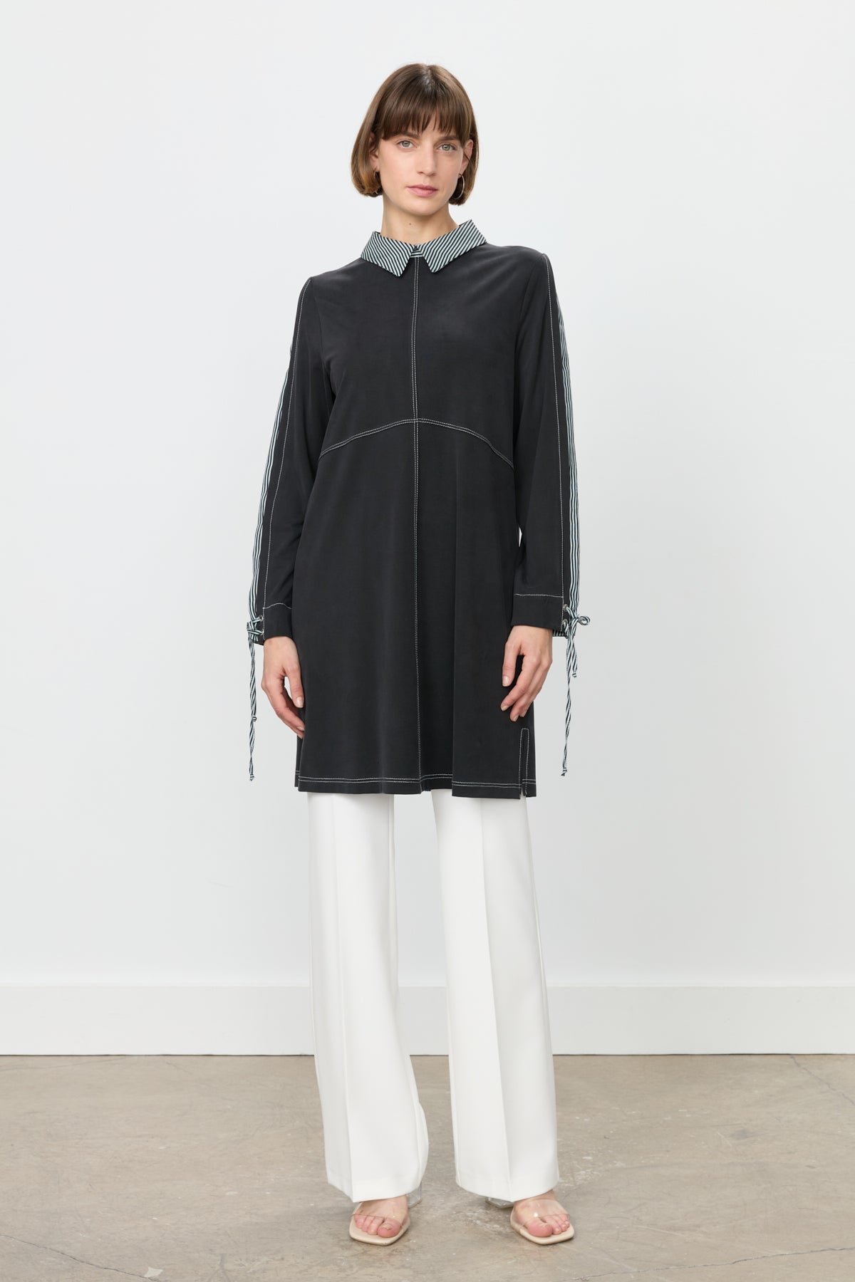 Trimmed Shirt Collar Knitted Tunic - Black