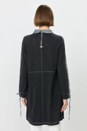 Trimmed Shirt Collar Knitted Tunic - Black