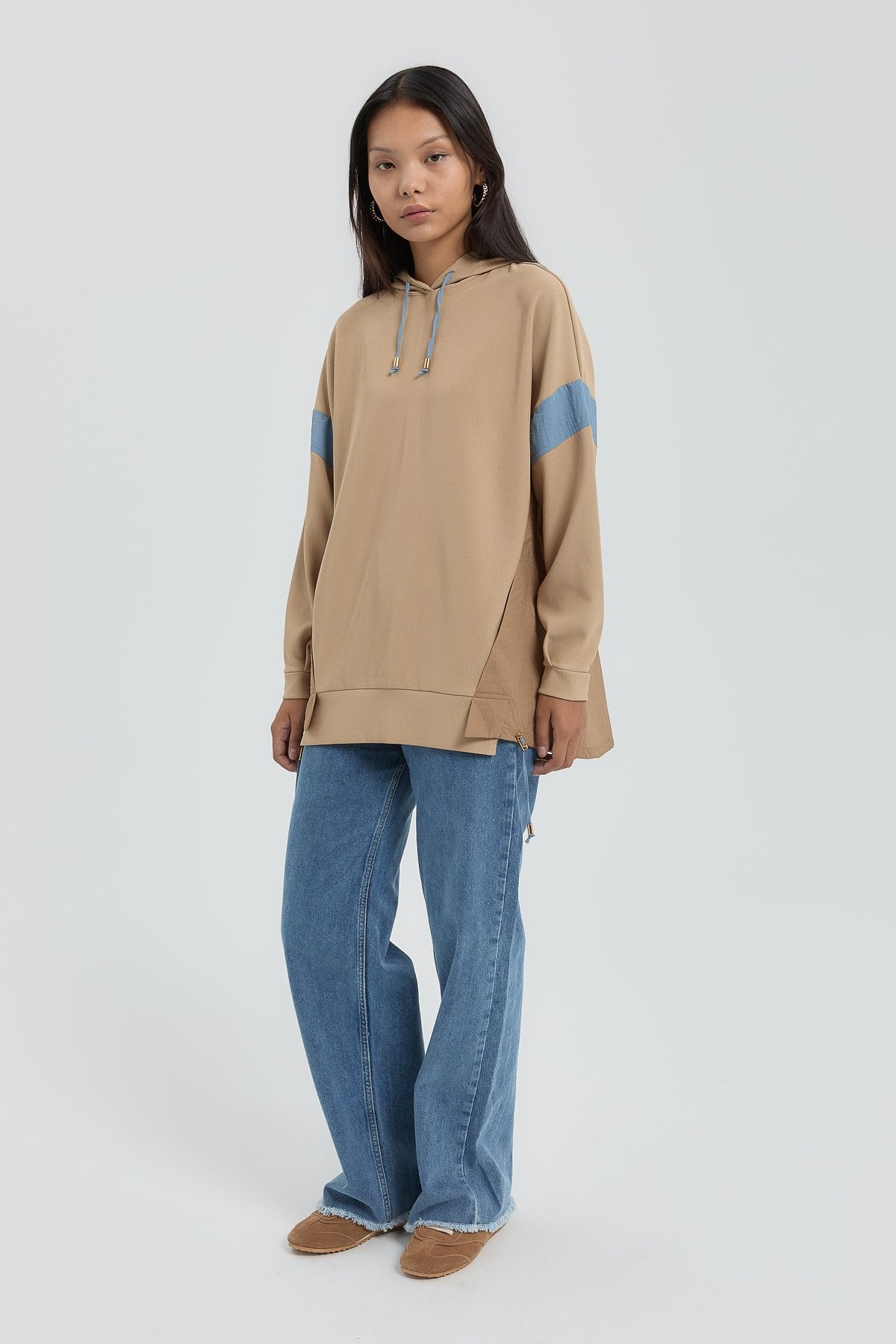 Garnili Kapşonlu Sweat - Camel