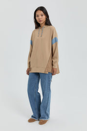 Garnili Kapşonlu Sweat - Camel