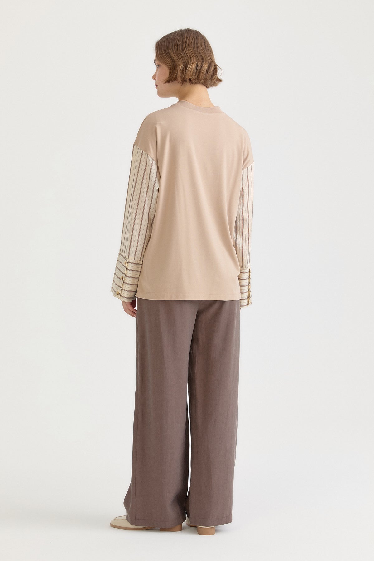 Geniş Manşetli Ribanalı Örme Rayon Sweat - Bej