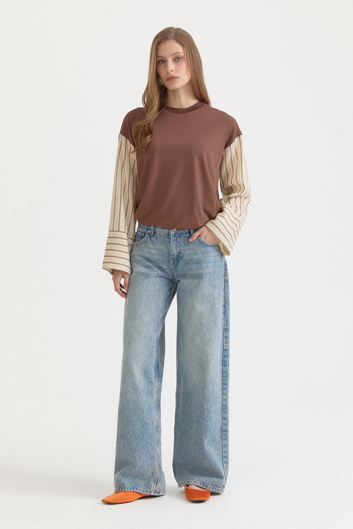 Geniş Manşetli Ribanalı Örme Rayon Sweat - Kahve